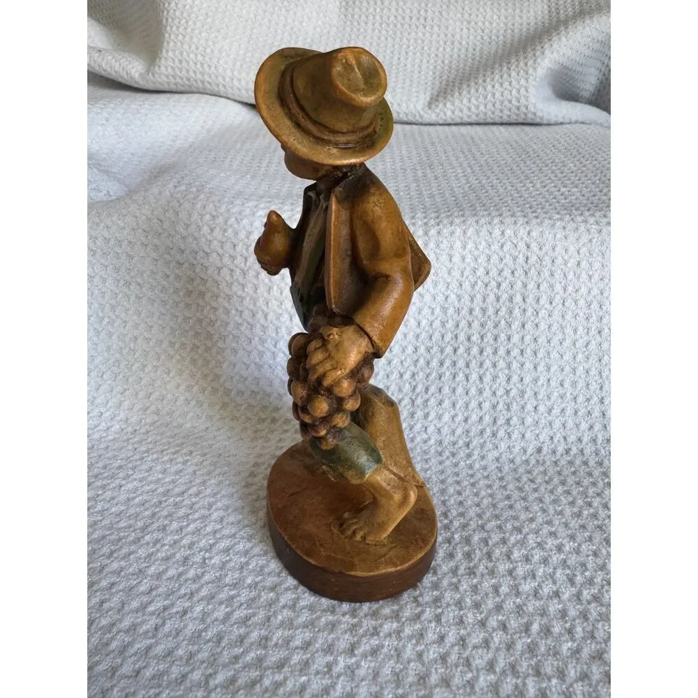 A Senoner Tinderla Hand Carved Wood Boy Figurine Grapes Pear Ortisei Italy